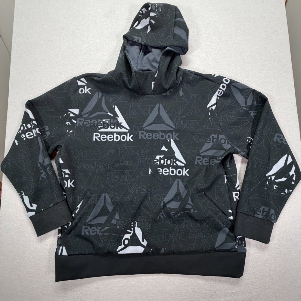 Reebok Hoodie Mens 2XL Good Black All Over Logo Print Pullover